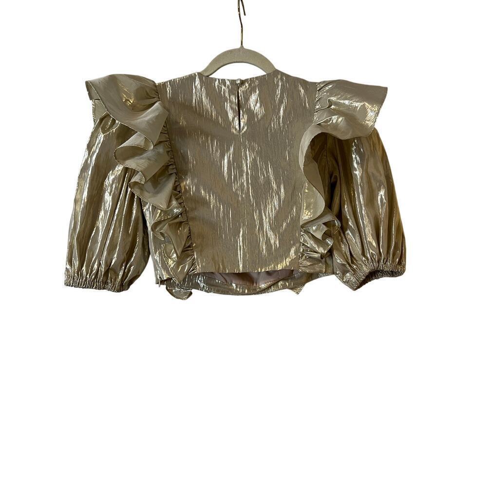 Lovers + Friends Revolve Crop Top Ruffle Metallic Foil Gold Puff Sleeve Sz XS - Picture 9 of 9